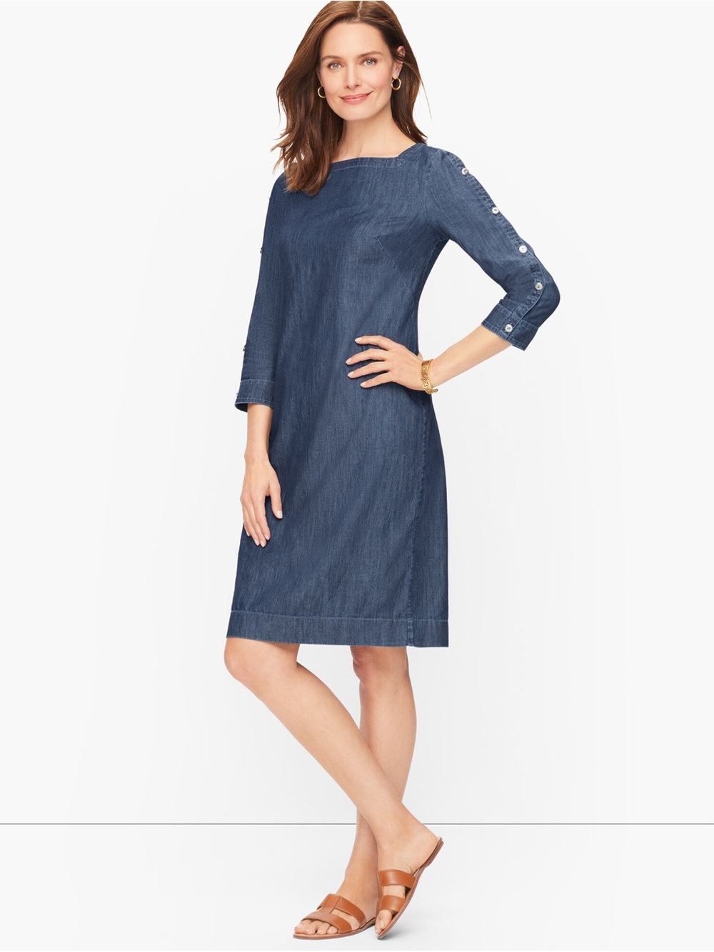 Talbots Chambray Shift Dress in Denim Blue - Button 3/4 Sleeves